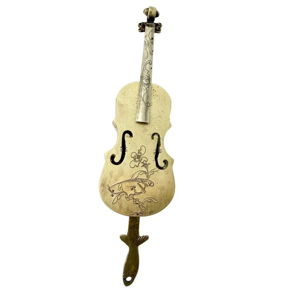 Chinese Folk Art Violin Padlock W/Key Engraved Brass Huaqi Rare 1980s